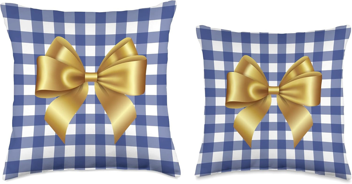 Hanukkah Decor Blue White Check Pillow Yellow Bow Christmas Throw Pillow
