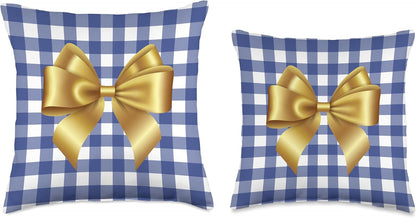 Hanukkah Decor Blue White Check Pillow Yellow Bow Christmas Throw Pillow