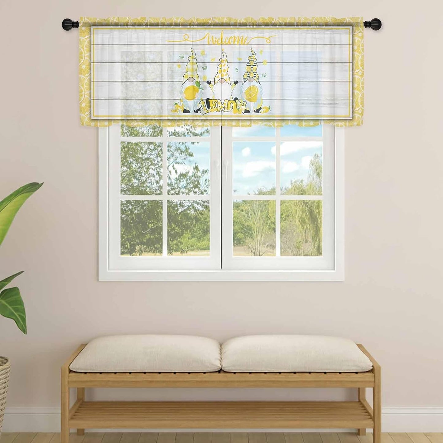 Sheer Window Valance Fruit Lemon Gnome Semi Voile Short Curtain Rod Pocket Farmhouse Plants Wood Grain Valances Window Treatment for Bedroom Living Room Kitchen 54x18in