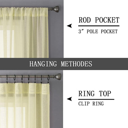 Tollpiz Sheer Curtains Linen Textured Bedroom Curtain Sheers Light Filtering Rod Pocket Voile Curtains for Living Room, 54 x 84 inches Long, Transparent Yellow, Set of 2 Panels