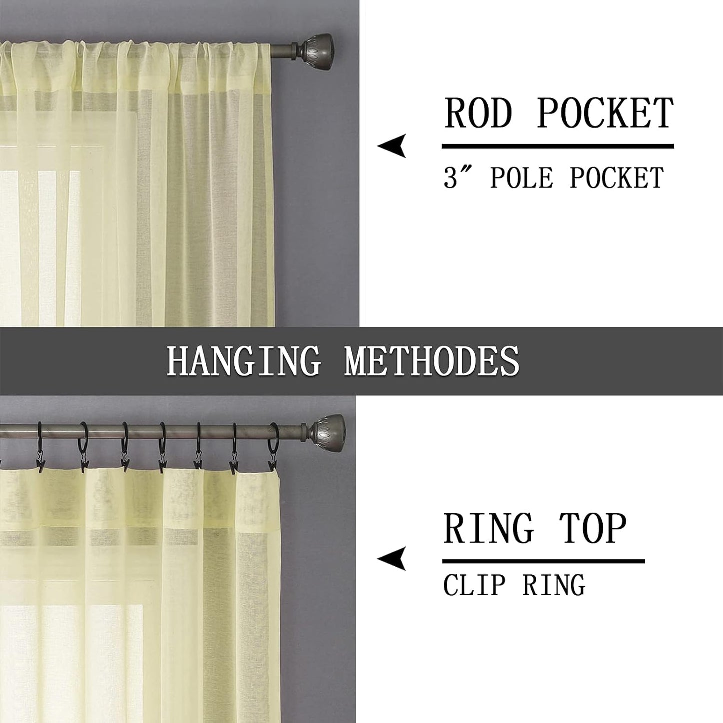 Tollpiz Sheer Valance Linen Textured Bedroom Valance Curtains Sheer Light Filtering Rod Pocket Voile Curtain Valances for Living Room, 54 x 16 inches Long, Transparent Yellow, Set of 1 Panel