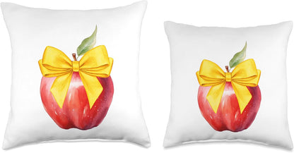 Red Apple with Yellow Coquette Bow – Teacher Back to School Throw Pillow