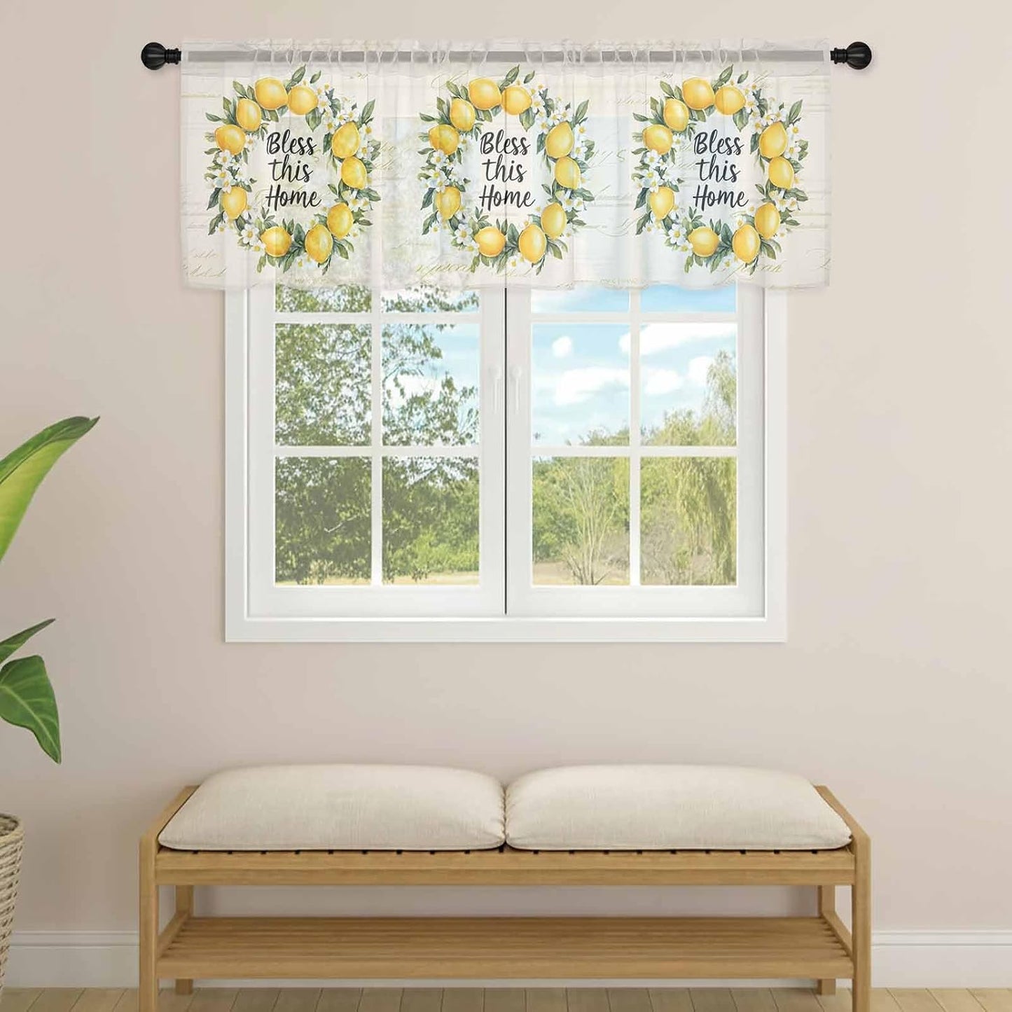 Country Farm Bless This Home Sheer Curtain 18 Inch Long Yellow Lemon Linen Texture Light Filtering Rod Pocket Voile Curtain Valance for Bedroom Kitchen Cafe Window 54" W x 18" L