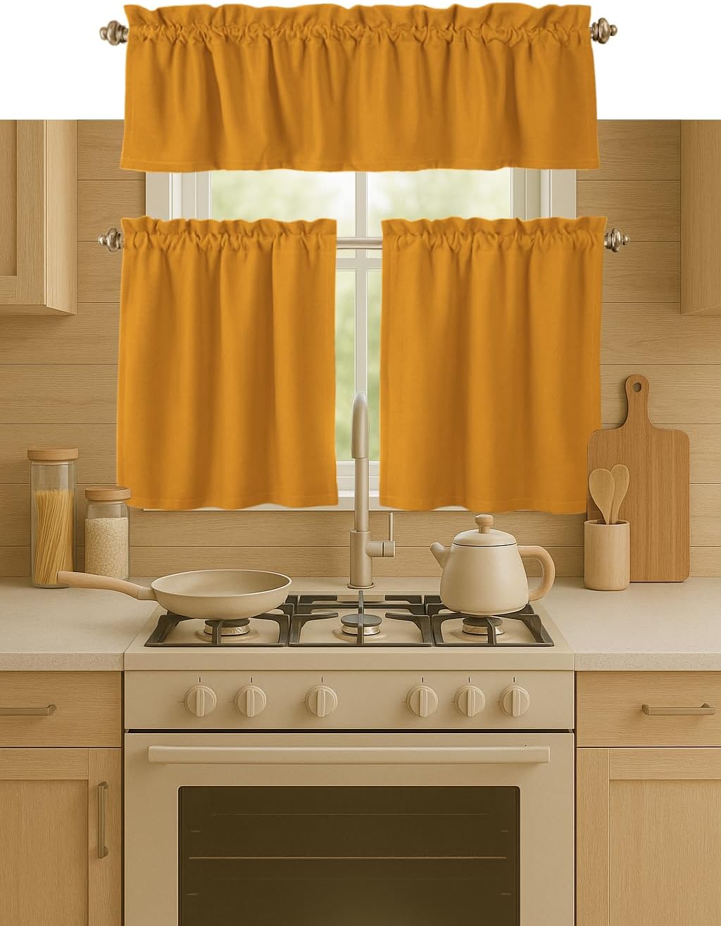 3 Piece Window Curtain Set, 100% Cotton, 2 Tiers 26x36 Inch & 1 Valance 54x18 Inch, Semi Sheer, Rod Pocket, Short Curtains for Kitchen, Café, Living Room, Bathroom, Mustard Yellow