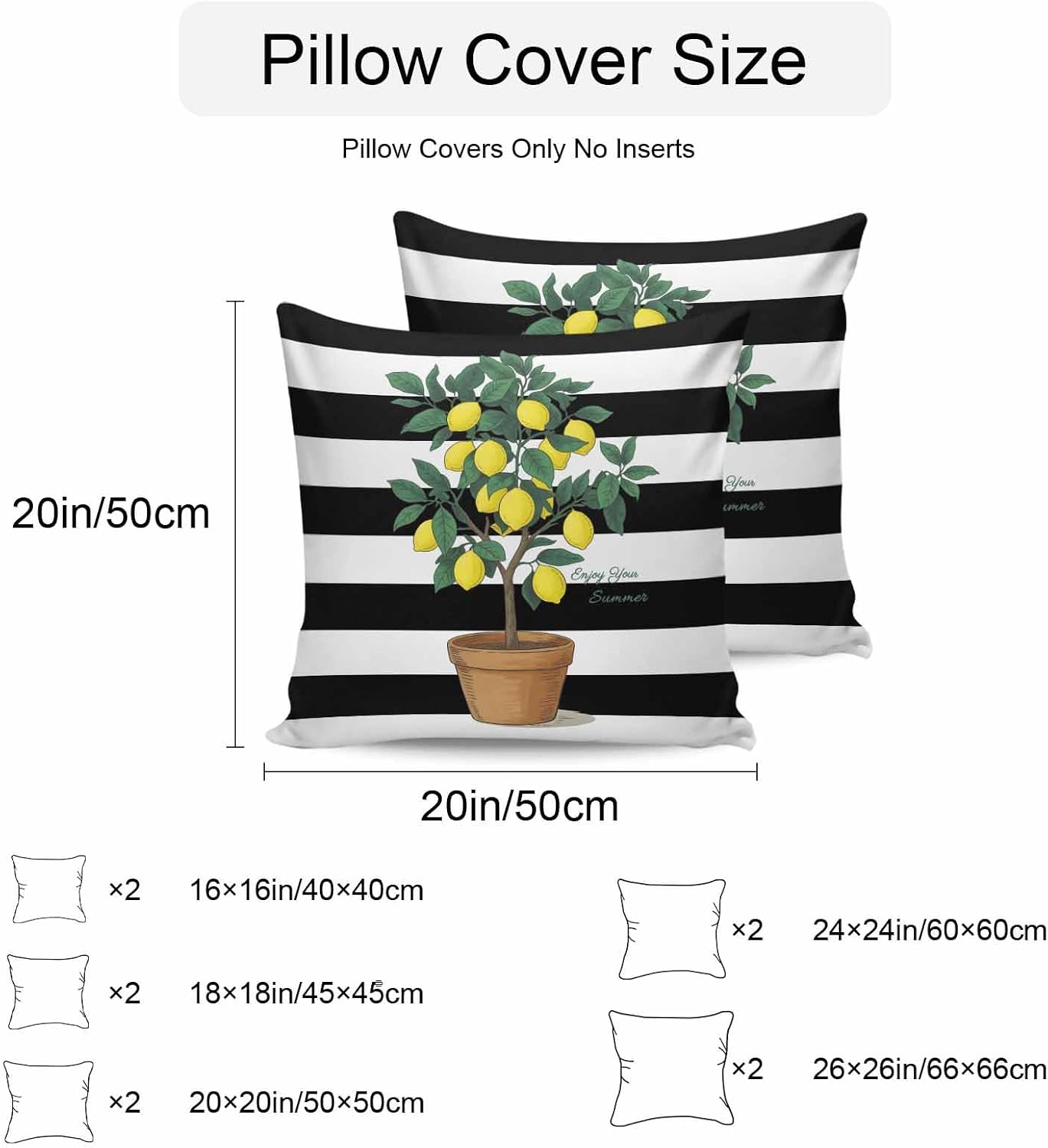 Summer Lemons Outdoor Waterproof Pillow Covers Set of 2, Yellow Fruit Leaf Black White Striped Abstract Pillowcase Decorative Throw Cushion Cases for Patio Garden Couch 18 x 18 Inches
