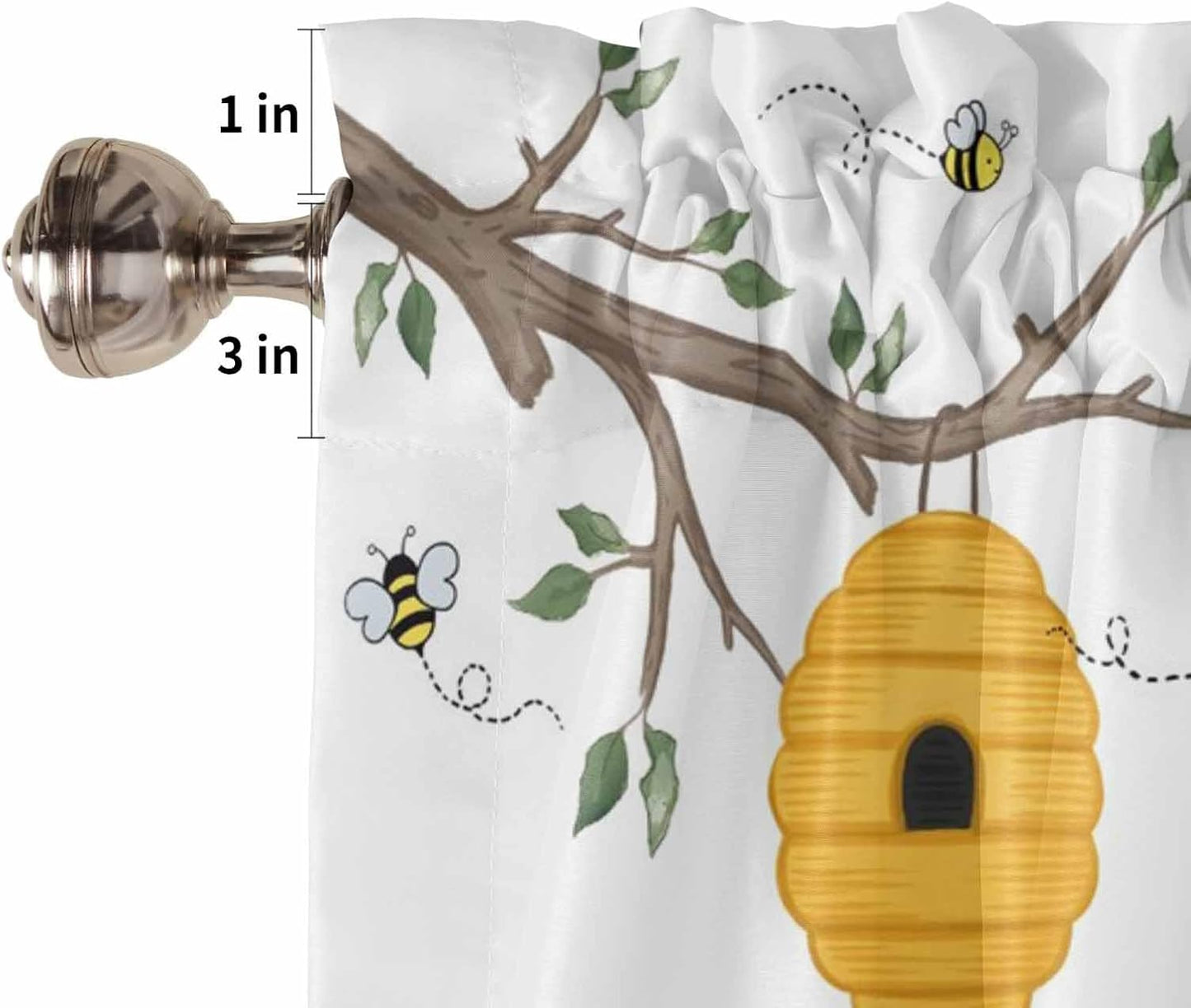 Yellow Gnomes Small Window Curtains 45 Inch Length, Bees Spring Floral Daisy Branches Rod Pocket Window Treatment Kitchen Drapes for Bedroom, Cafe, Living Room, 2 Panels, 27.5 W x 45 L