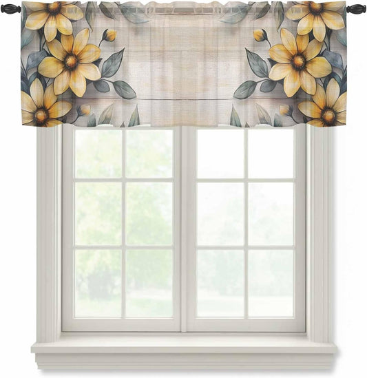 Yellow Floral Sheer Curtain 12 Inch Long Spring Vintage Plant Light Wood Grain Linen Texture Light Filtering Rod Pocket Voile Curtain Valance for Bedroom Kitchen Cafe Window 42" W x 12" L