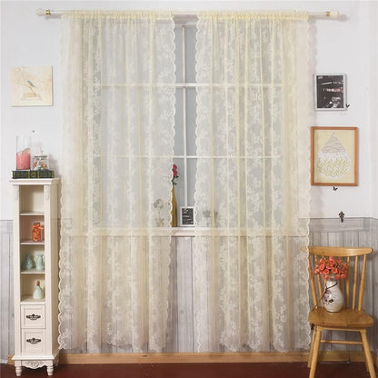 Deeprove Lace Curtains 84 Inches Long 2 Panels Set, Yellow Sheer Roses Embroidery Vintage Voile Farmhouse Window Panel Pair Ruffled Drape for Bedroom/Kitchen, Rod Pocket, Width 57" x Length 84"