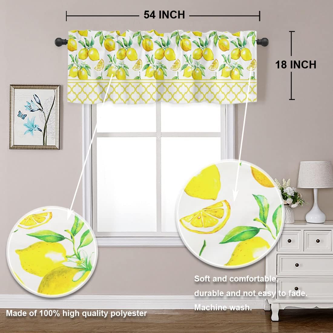 LeLehome Moroccan Window Curtain Valance 1 Panel, 54 X 18 Inch Window Treatment Summer Home Decor Linen with Rod Pocket for Cafe Kitchen Bedroom, Yellow Lemon
