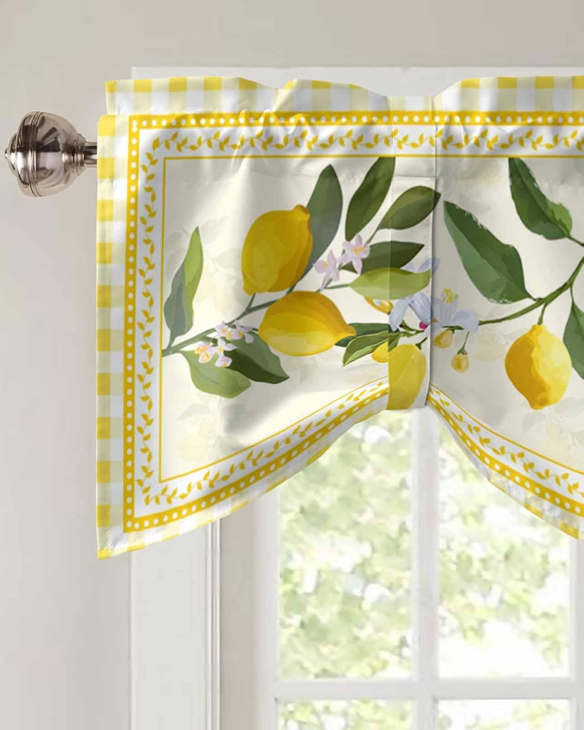 Semi-Sheer Kitchen Valances for Windows, Adjustable Tie Up Valances Curtains Light Filtering, Summer Fruit Lemon Plant Leaves Farmhouse Buffalo Plaid Check Elegant Window Toppers Valances 42x12in