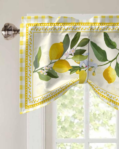 Semi-Sheer Kitchen Valances for Windows, Adjustable Tie Up Valances Curtains Light Filtering, Summer Fruit Lemon Plant Leaves Farmhouse Buffalo Plaid Check Elegant Window Toppers Valances 42x12in