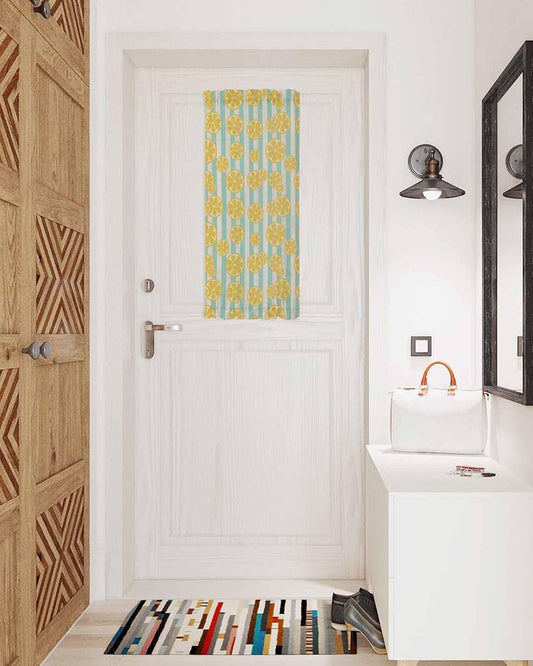 Sheer French Door Curtain Yellow Lemon Teal Stripes Linen Background Semi Sliding Door Curtains Light Filtering Voile Front Door Patio Glass Door Curtains, 1 Panel, 25x40 Inch
