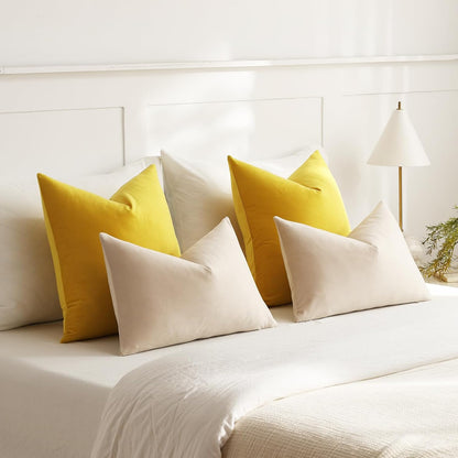 DEZENE Throw Pillow Covers 18x18 Yellow: Pack of 2 Cozy Soft Velvet Square Modern Luxury Decorative Throw Pillow Cases for Sofa Couch Living Room Bed Home Decor