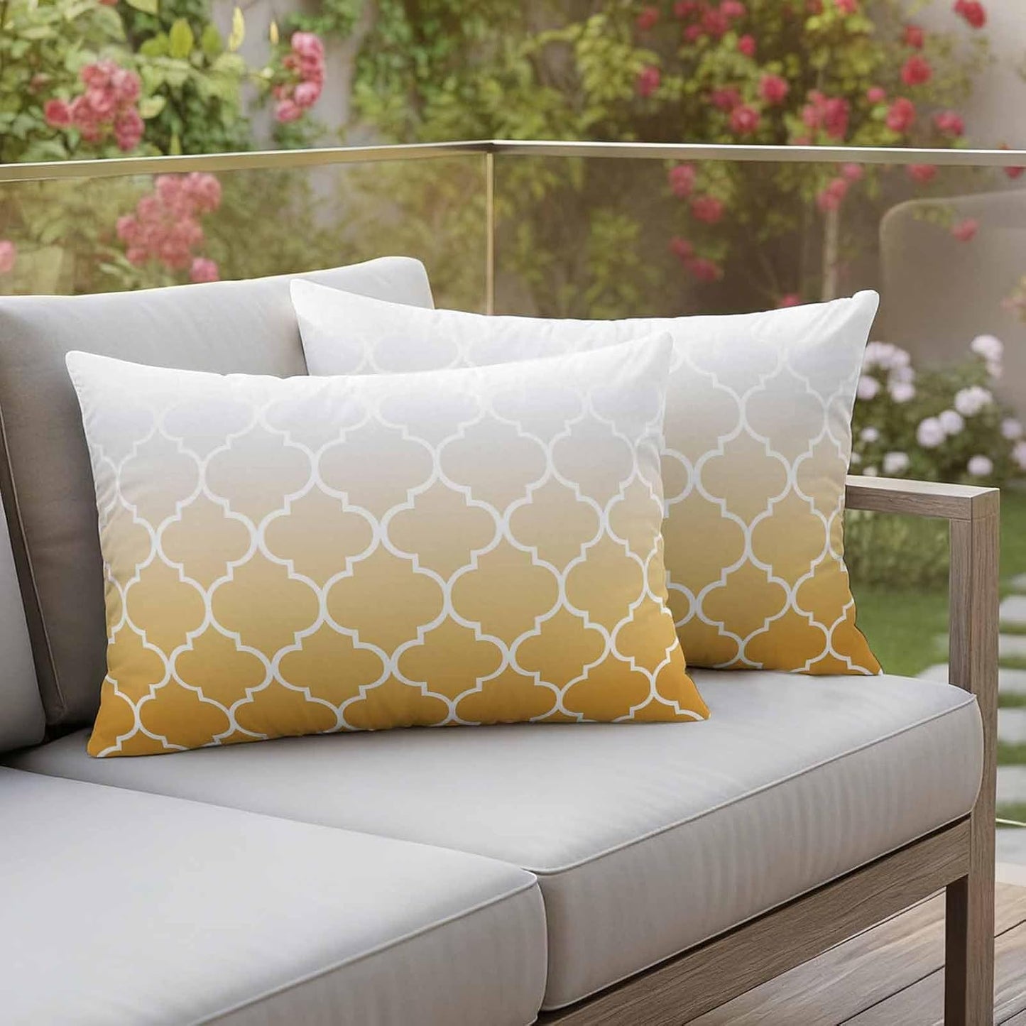 Outdoor Pillow Cover 20x12inch Set of 2, Yellow Gradient Moroccan Pattern Waterproof Decorative Throw Pillow Cover for Couch Sofa, White Stripes Buffalo Check Cushion Cases for Patio Garden