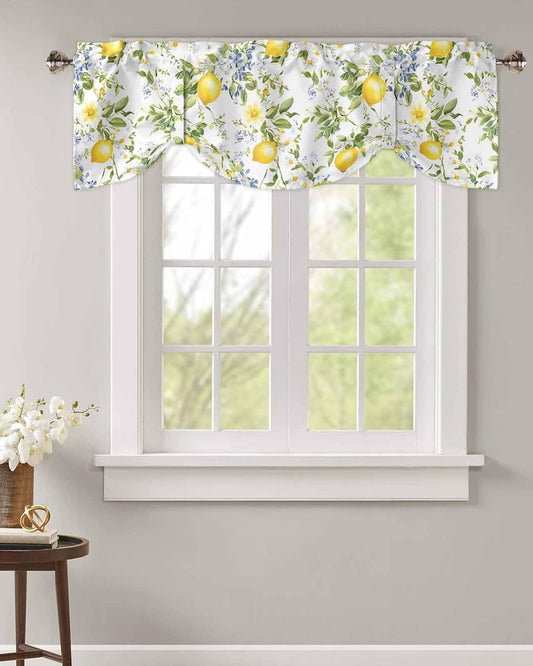 Summer Lemon Tie Up Valance for Window, Watercolor Yellow Spring Floral Botanical Adjustable Balloon Window Shade Valance Curtain for Kitchen Cafe Bathroom Window Treatment Panel 54''x18''
