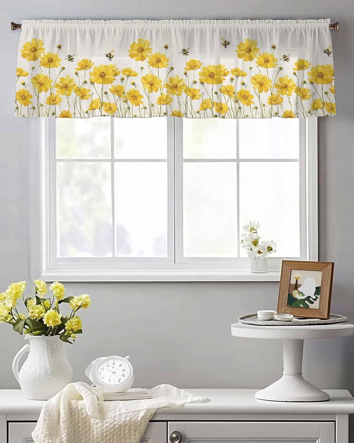 Yellow Daisy Floral Sheer Valance Curtains for Kitchen Living Room Decor, Honey Bee Rustic Flowers Semi Sheer Curtain Voile Valance Rod Pocket Window Treatment Short Curtain Panel 54"x18"