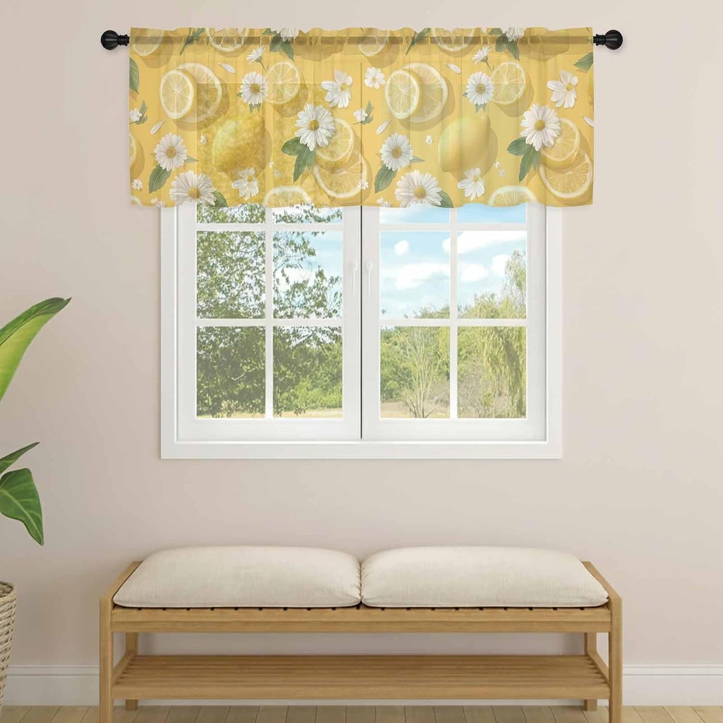 Yellow Lemon Summer Sheer Curtain 18 Inch Long White Daisy Farmhouse Flowers Country Fruit Light Filtering Rod Pocket Voile Curtain Valance for Bedroom Kitchen Cafe Window 54" W x 18" L