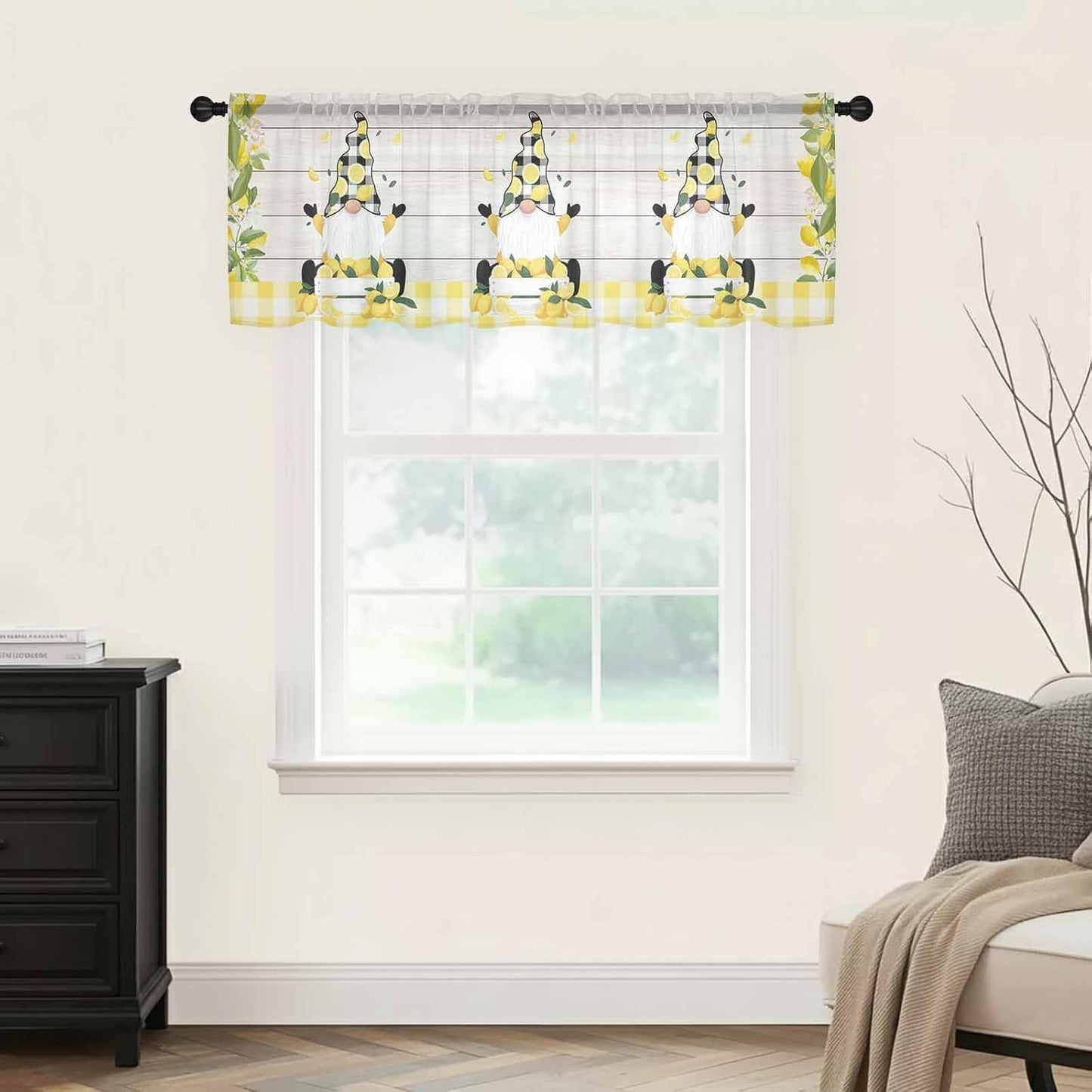 Lemon Dwarfs Sheer Valance Curtains, Gnome Green Leaf Wood Striped Black Plaid Light Filtering Kitchen Valances Rod Pocket Voile Curtain Window Treatment for Bedroom/Living Room/Basement 54Wx18L