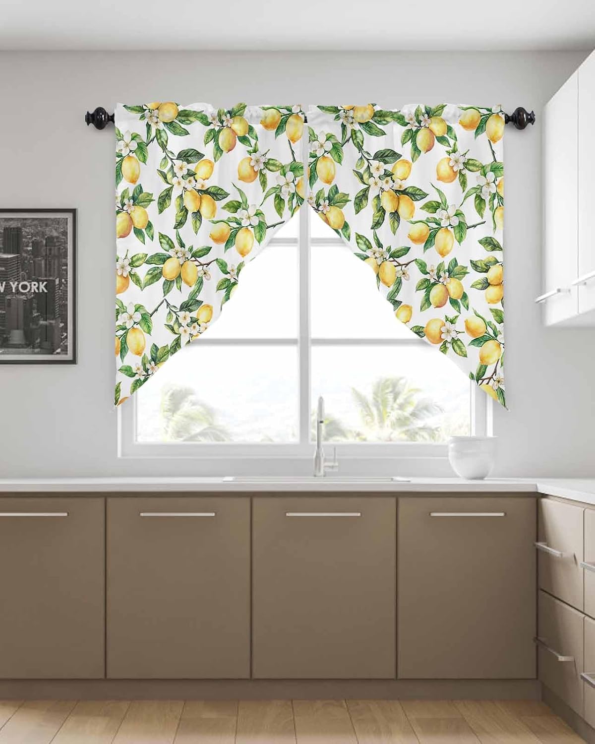 Yellow Lemon Swag Curtain Green Valance For Kitchen Window,Spring Summer Flower Wide Rod Pocket Curtain Drapes for Bedroom Bathroom Cafe Living Room Leaf Plant Light Filtering Drapery Panel,56"Wx36"H