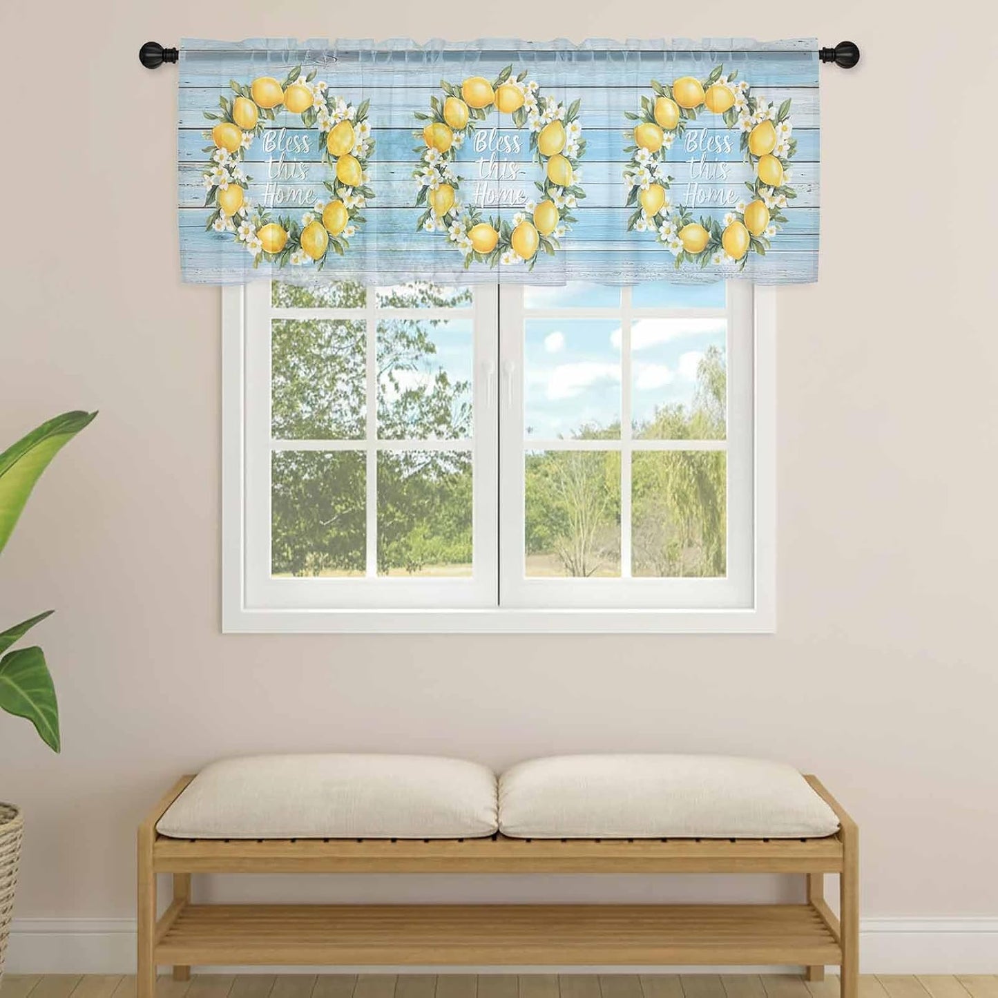 Country Bless This Home Sheer Curtain 18 Inch Long Yellow Lemon Blue Wood Grain Light Filtering Rod Pocket Voile Curtain Valance for Bedroom Kitchen Cafe Window 54" W x 18" L