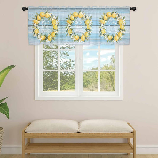 Country Bless This Home Sheer Curtain 18 Inch Long Yellow Lemon Blue Wood Grain Light Filtering Rod Pocket Voile Curtain Valance for Bedroom Kitchen Cafe Window 54" W x 18" L