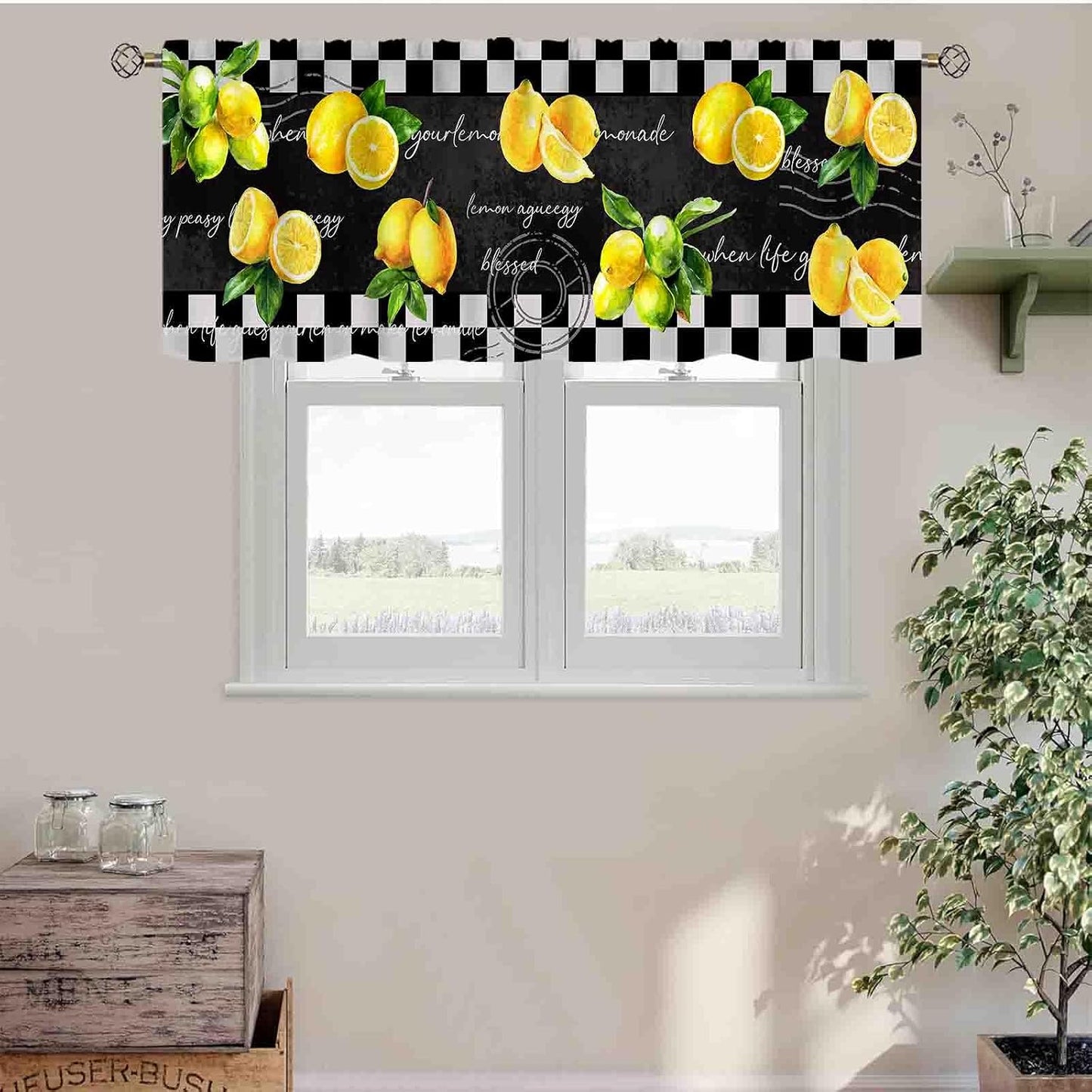 Farmhouse Lemon Valance Curtains, Summer Black Yellow Lemon Seasonal Spring Fruits Rustic Retro Rod Pocket Small Window Valance for Kitchen Cafe Living Room Bedroom Cabinet Bathroom, 54"x18" Inch