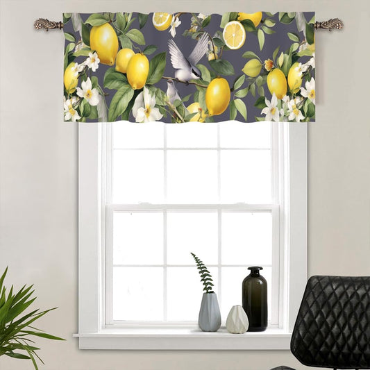 1 Panel Rustic Lemon Bird Window Valances, Yellow Fruit Food Window Treatment Decor Curtains Rod Pocket Valances for Kitchen/Living Room, 54" X 18"