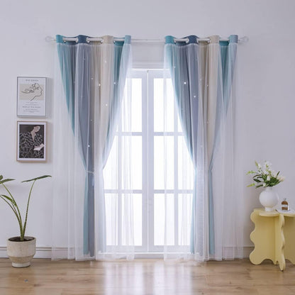 Ombre Rainbow Blackout Curtains for Kid Girls Bedroom Living Room Darking Stripe Double Layer Star Cut Out Wall Home Decor Gradient Grommet Window Curtains （Yellow Blue 52W x 84L