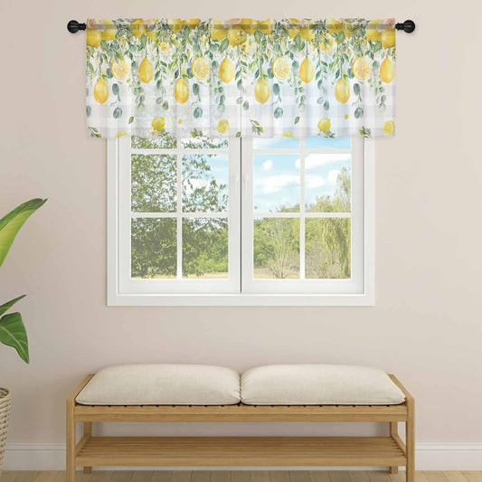 Yellow Lemon Sheer Curtain 18 Inch Long Eucalyptus Leaf Watercolor Plant Gray Plaid Light Filtering Rod Pocket Voile Curtain Valance for Bedroom Kitchen Cafe Window 54" W x 18" L