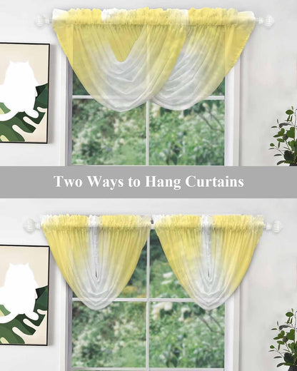 Lemon Yellow Waterfall Valance Curtains Lemon Yellow Ombre Sheer Swag Valances for Window, Gradient Yellow and White Rod Pocket Elegant Valances for Bedroom, 38.5" x 47.21", 3 Panels