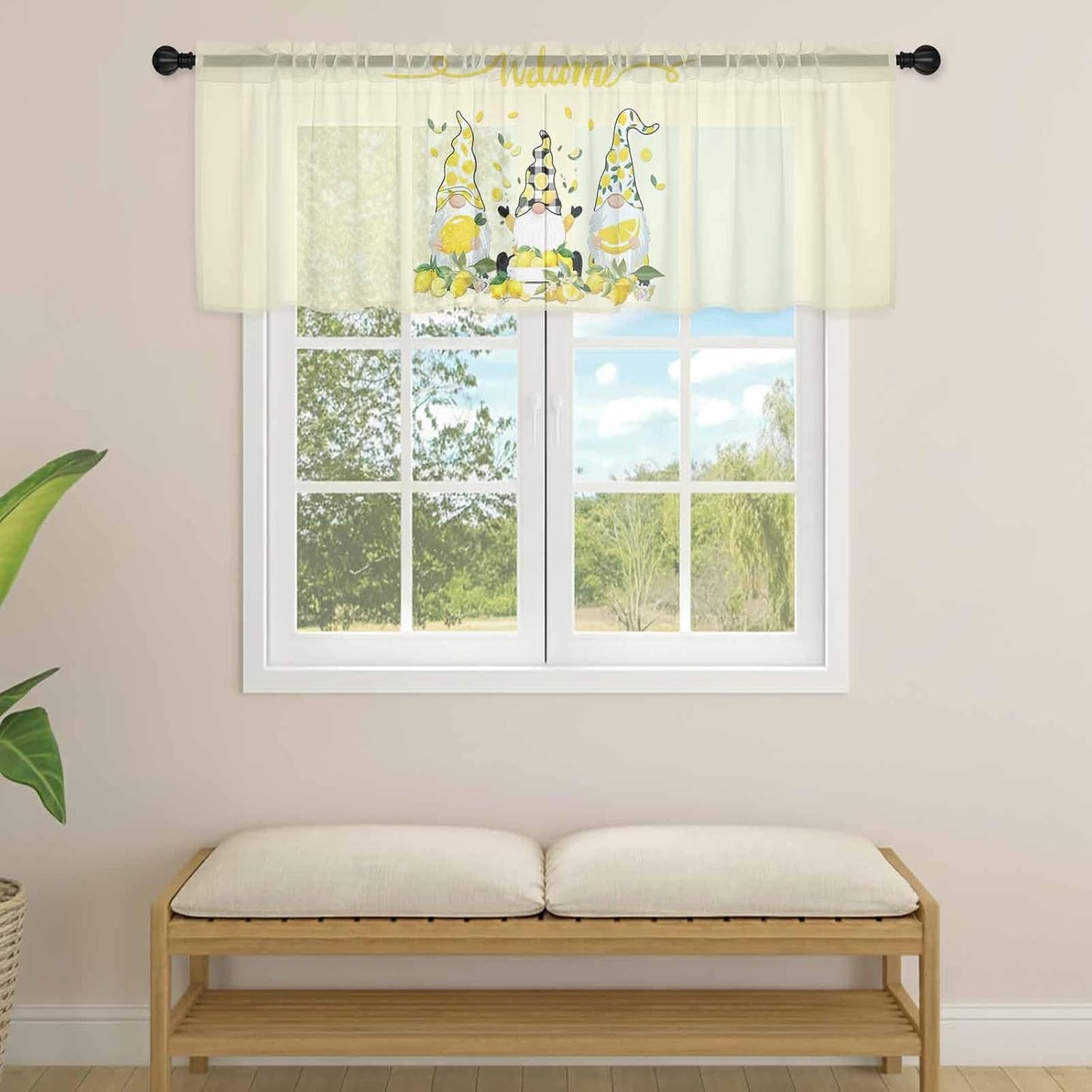 Lemon Dwarf Sheer Valance Curtains, Welcome Green Leaf Summer Yellow Background Light Filtering Kitchen Valances Rod Pocket Voile Curtain Window Treatment for Bedroom/Living Room/Basement 54Wx18L