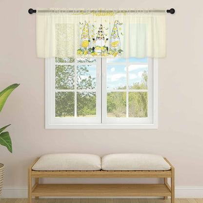 Lemon Dwarf Sheer Valance Curtains, Welcome Green Leaf Summer Yellow Background Light Filtering Kitchen Valances Rod Pocket Voile Curtain Window Treatment for Bedroom/Living Room/Basement 54Wx18L