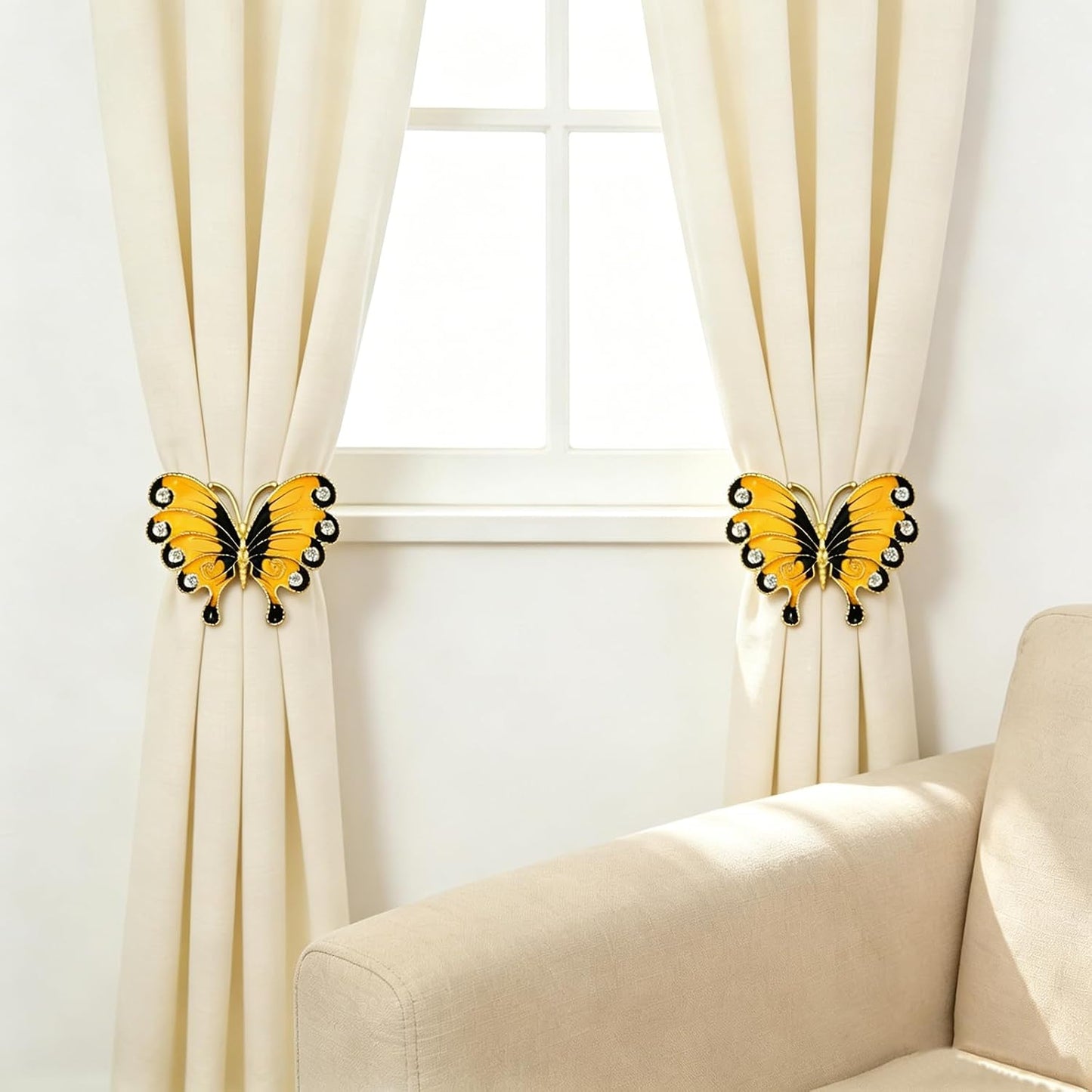 Butterfly Curtain Tiebacks 2 Pack Yellow Enamel & Rhinestone Insect Curtain Holdbacks,No Drill Curtain Ties Auto-Closing,Boho Curtain Tie Backs for Farmhouse Kitchen Living Room Bedroom Decor