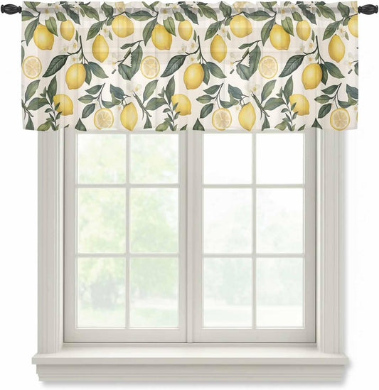 Country Lemon Sheer Curtain 18 Inch Long Fruit Leaf Floral Vintage Beige Background Light Filtering Rod Pocket Voile Curtain Valance for Bedroom Kitchen Cafe Window 54" W x 18" L