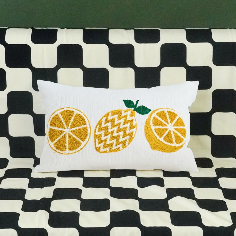 ONWAY Summer Lemon Pillow Covers 12x20 Inch Yellow Emboridery Farmhouse Boho Decorative Lumbar Patio Cushion Case for Sofa Couch Living Room