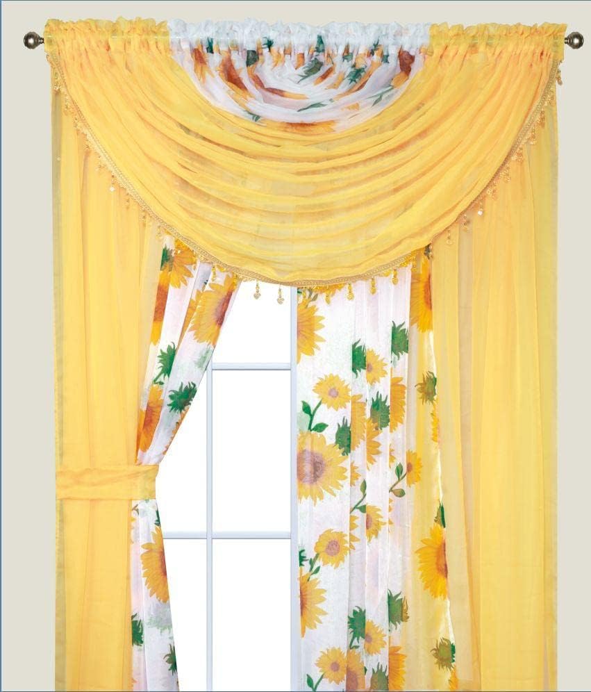 Sapphire Home Sheer Curtains - Two Tone 4 Panels Set w/Valance & Tiebacks, 55"x84", Lightweight Light-Filtering Window Curtain for Living Room, Bedroom, Kitchen, Dining Room - Sunflower/Yellow