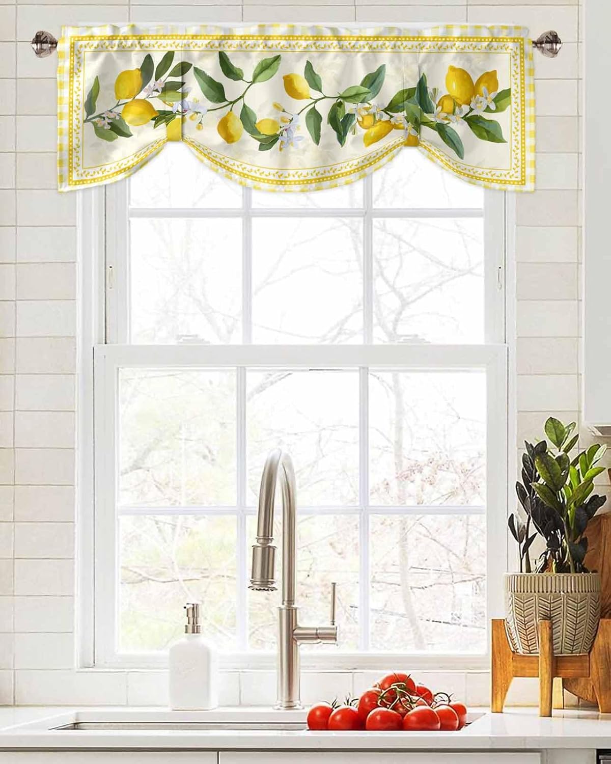 Semi-Sheer Kitchen Valances for Windows, Adjustable Tie Up Valances Curtains Light Filtering, Summer Fruit Lemon Plant Leaves Farmhouse Buffalo Plaid Check Elegant Window Toppers Valances 42x12in