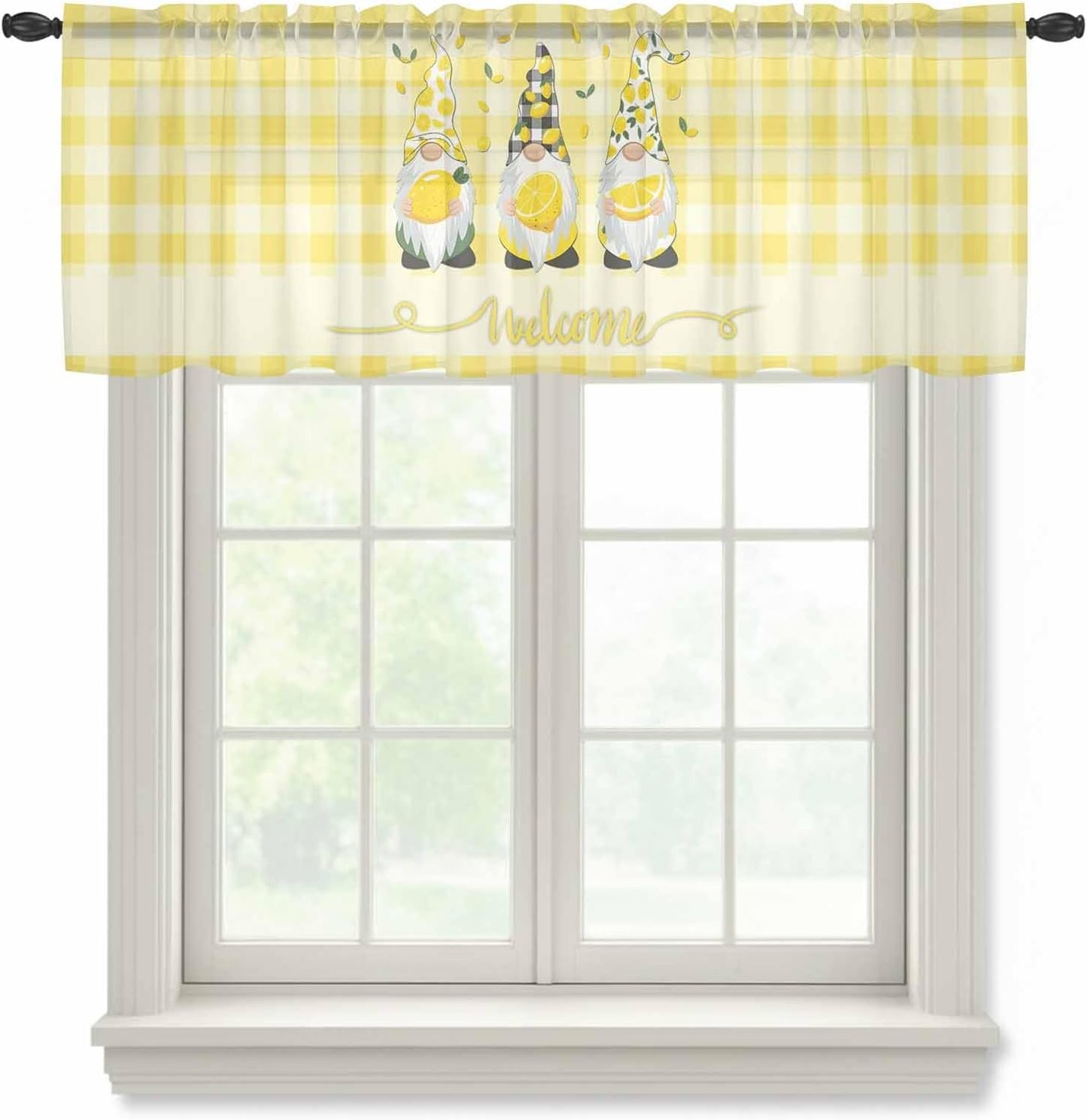 Lemon Dwarfs Sheer Valance Curtains, Gnome Green Leaf Yellow Plaid Welcome Light Filtering Kitchen Valances Rod Pocket Voile Curtain Window Treatment for Bedroom/Living Room/Basement 54Wx18L