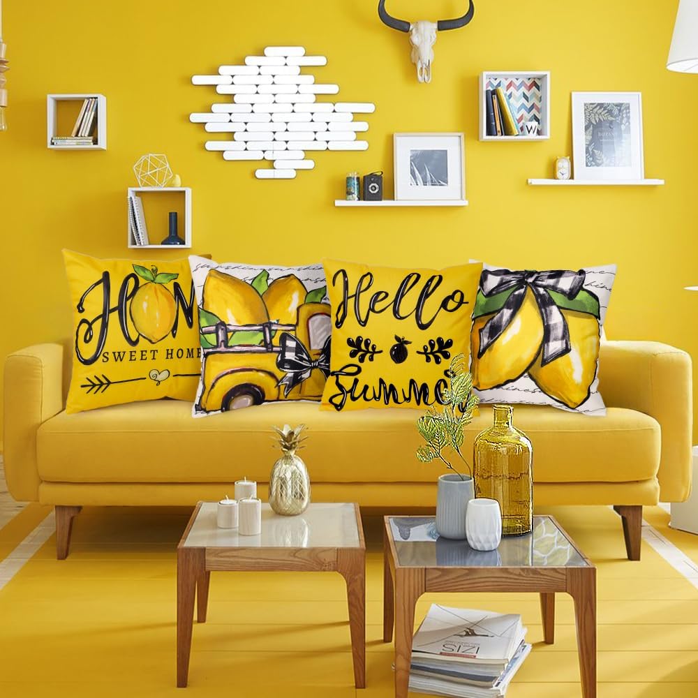 DIYDEC 4PCS Summer Pillow Covers 18x18 inch Hello Summer Throw Pillow Covers Yellow Lemon Truck Pillow Cases Sweet Home Decor Cushion for Holiday Farmhouse Home Sofa Couch