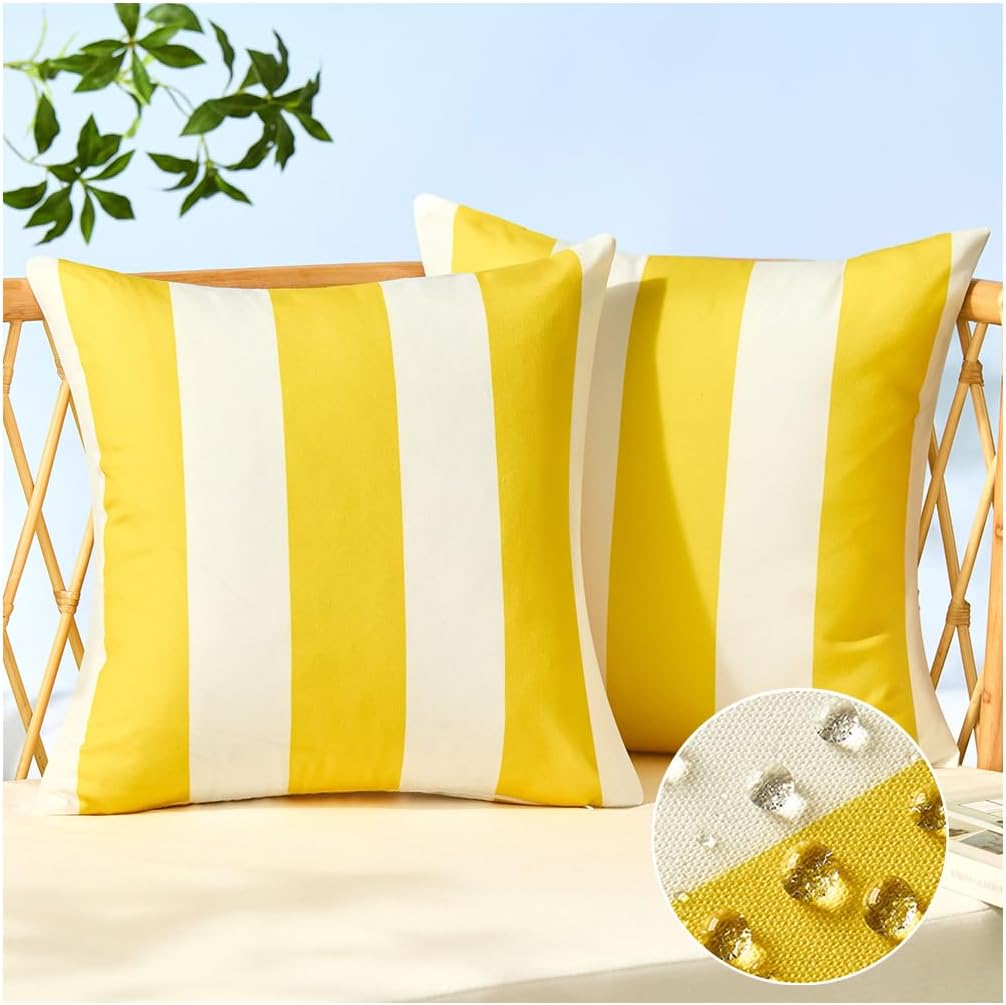 Allorry Outdoor Pillow Covers 16x16 Set of 2 Yellow Striped Decoration Throw Pillow Covers for Spring Summer Outdoor Waterproof Garden Patio Furniture Sofa Bed Home Decor JB007-F16