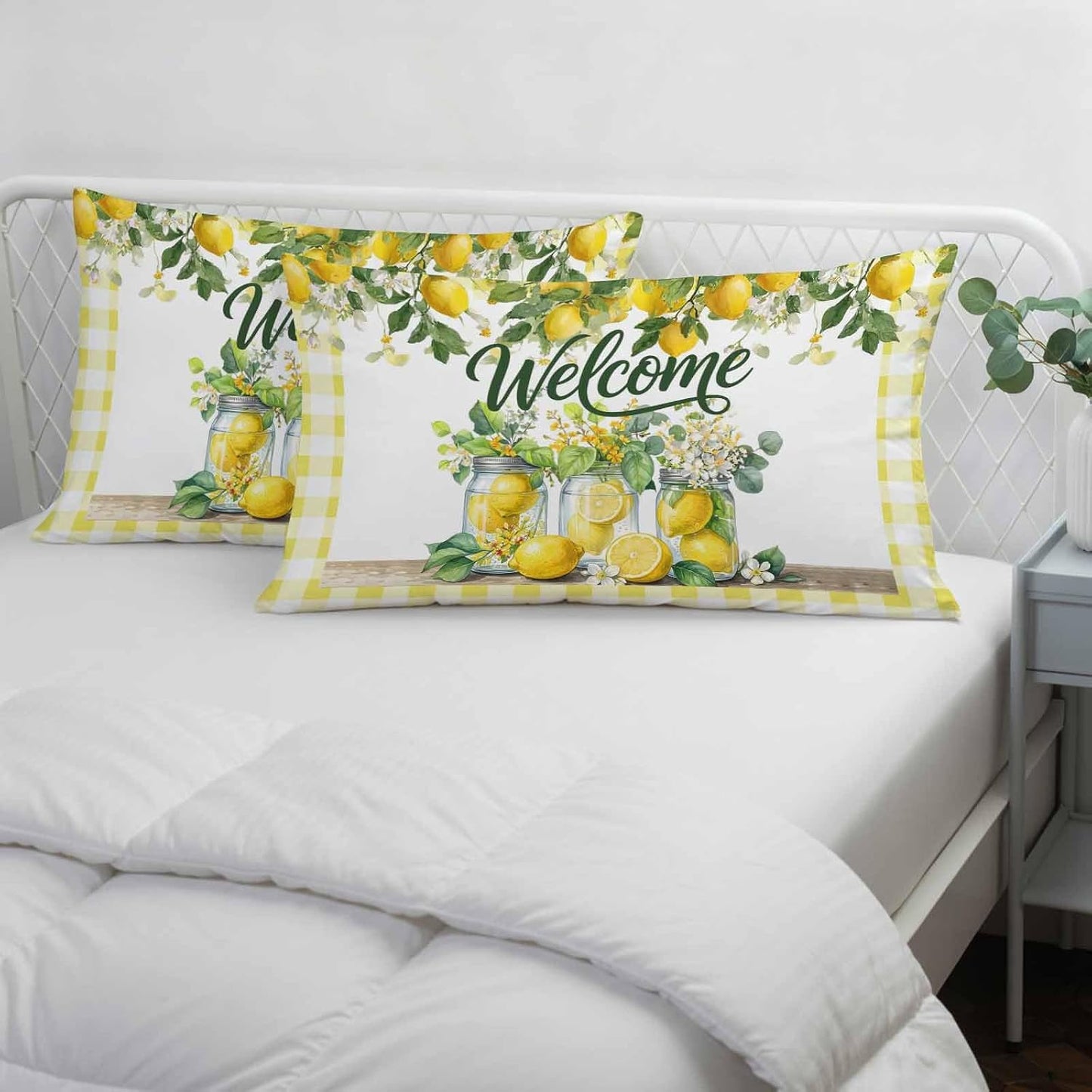 Welcome Words Farm Lemons Throw Pillow Cover,Decorative Pillowcase with Hidden Zipper Yellow Check Breathable Lumbar Pillow Cushion Case for Couch Sofa Bed Home,12"x20"
