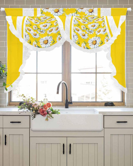 Yellow Daisy Swag Waterfall Valances for Living Room Bedroom Kitchen Windows,Vintage Botanical Flower Geometric Stripes Semi-Sheer Rod Pocket Curtains Light-filtering Drape with Lace,59"Wx41.3"L