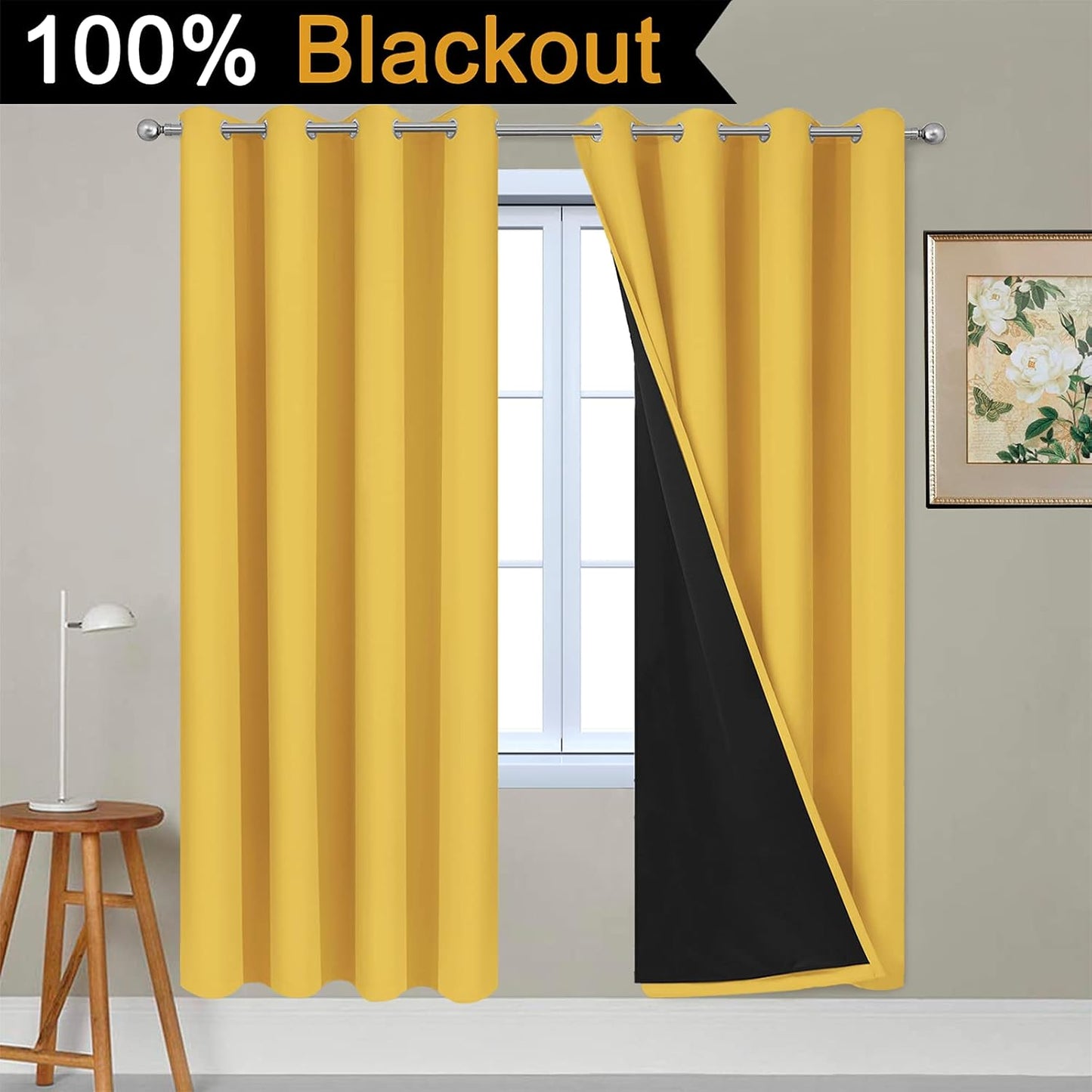 Yakamok Thermal Insulated Full Blackout Curtains 72 Inches Long, Double Layer Full Room Darkening Noise Reducing Grommet Curtains for Bedroom(Mustard Yellow, 2 Panels)