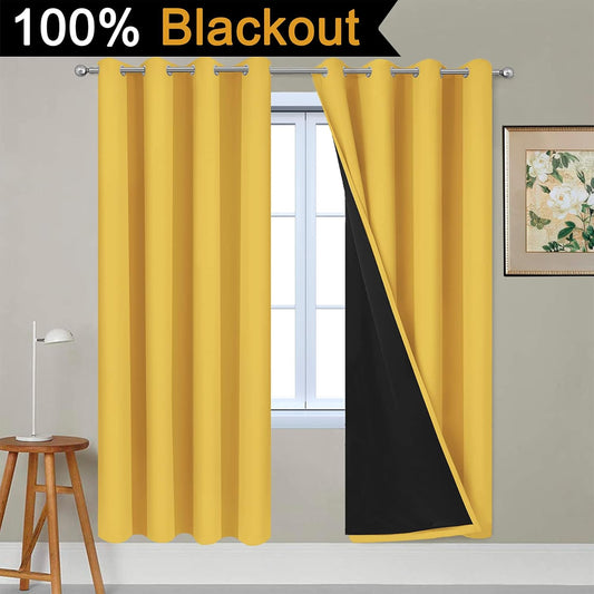 Yakamok Thermal Insulated Full Blackout Curtains 72 Inches Long, Double Layer Full Room Darkening Noise Reducing Grommet Curtains for Bedroom(Mustard Yellow, 2 Panels)