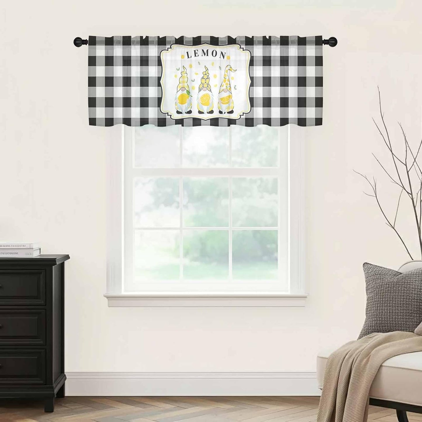Sheer Window Valance Lemon Gnome Summer Fruit Plant Semi Voile Short Curtain Rod Pocket Buffalo Check Plaid Valances Window Treatment for Bedroom Living Room Kitchen 54x18in