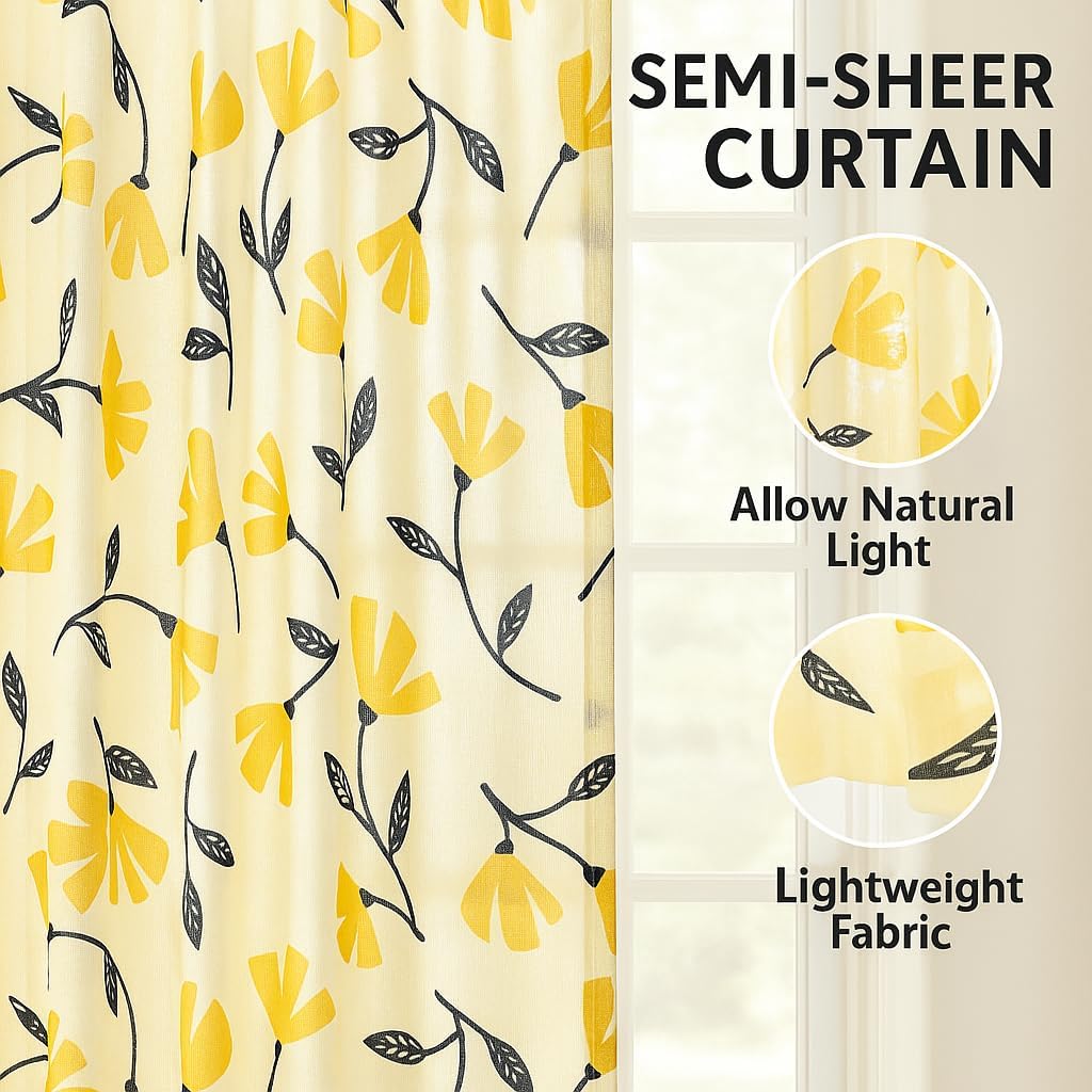 DaDa Bedding Botanical Floral Window Curtain Panels - Natural Semi Sheer Yellow Fleur Golden Orange Spring Time Tulips Straight Tailored Edge - 54 x 84