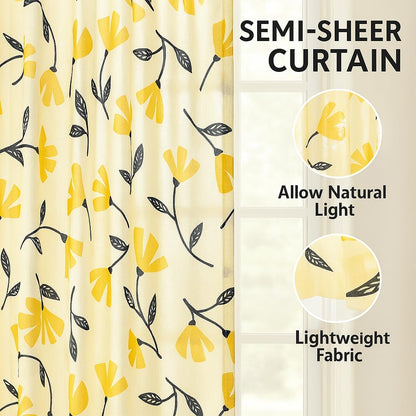 DaDa Bedding Botanical Floral Window Curtain Panels - Natural Semi Sheer Yellow Fleur Golden Orange Spring Time Tulips Straight Tailored Edge - 54 x 84
