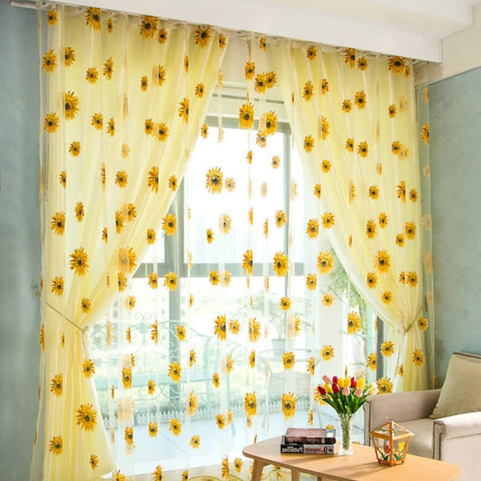 BIGEBO 2PCS Sunflower Curtains with 2 Curtain Tiebacks Rope | Rod Pocket Window Treatments W39" x L79" Yellow Sheer Window Curtains for Bedroom Living Room Kitchen Decor