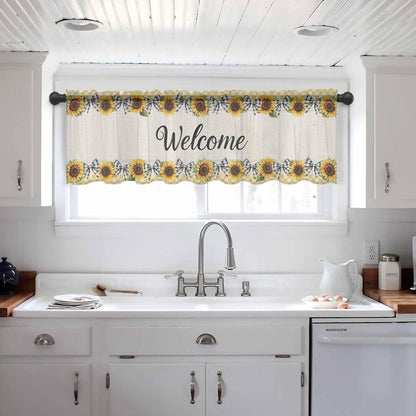 Sunflower Sheer Valance Curtains, Welcome Bow Yellow Buffalo Plaid Rustic Linen Light Filtering Kitchen Valances Rod Pocket Short Voile Curtains for Bedroom/Living Room/Basement 42Wx12L