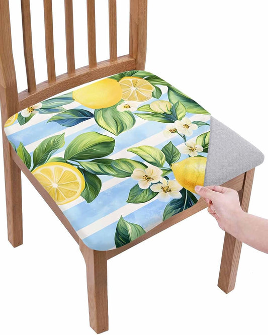 Savannan Dining Room Chair Seat Covers Set of 4 Summer Lemon Yellow Removable Stretch Chair Seat Cushion Slipcovers Protector for Holiday Party Festival Decoration, Green Leaf Blue Stripes